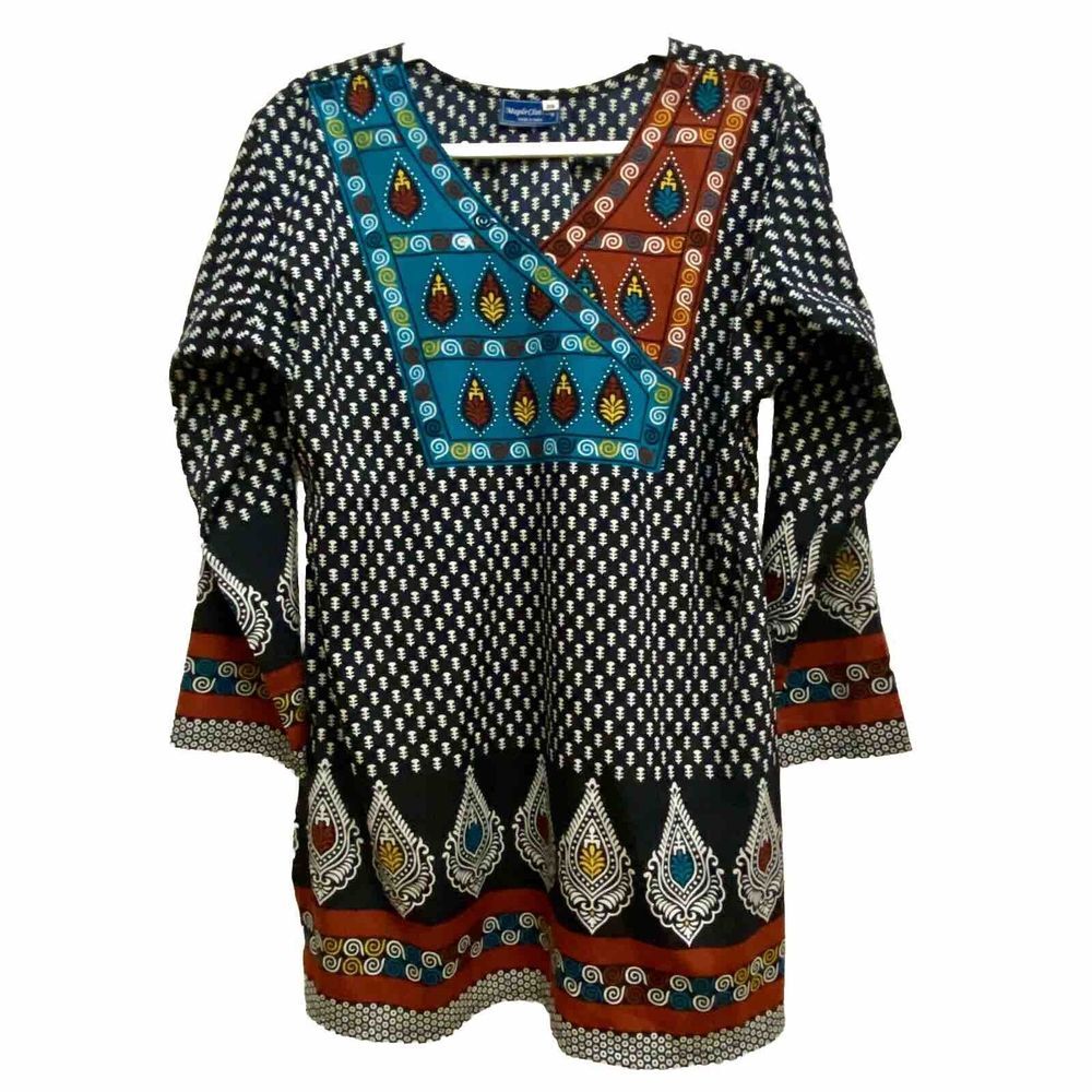 MAPLE CLOTHING WOMEN'S INDIAN TUNIC TOP, Sz 38 Geometric Designs Black Teal Rust